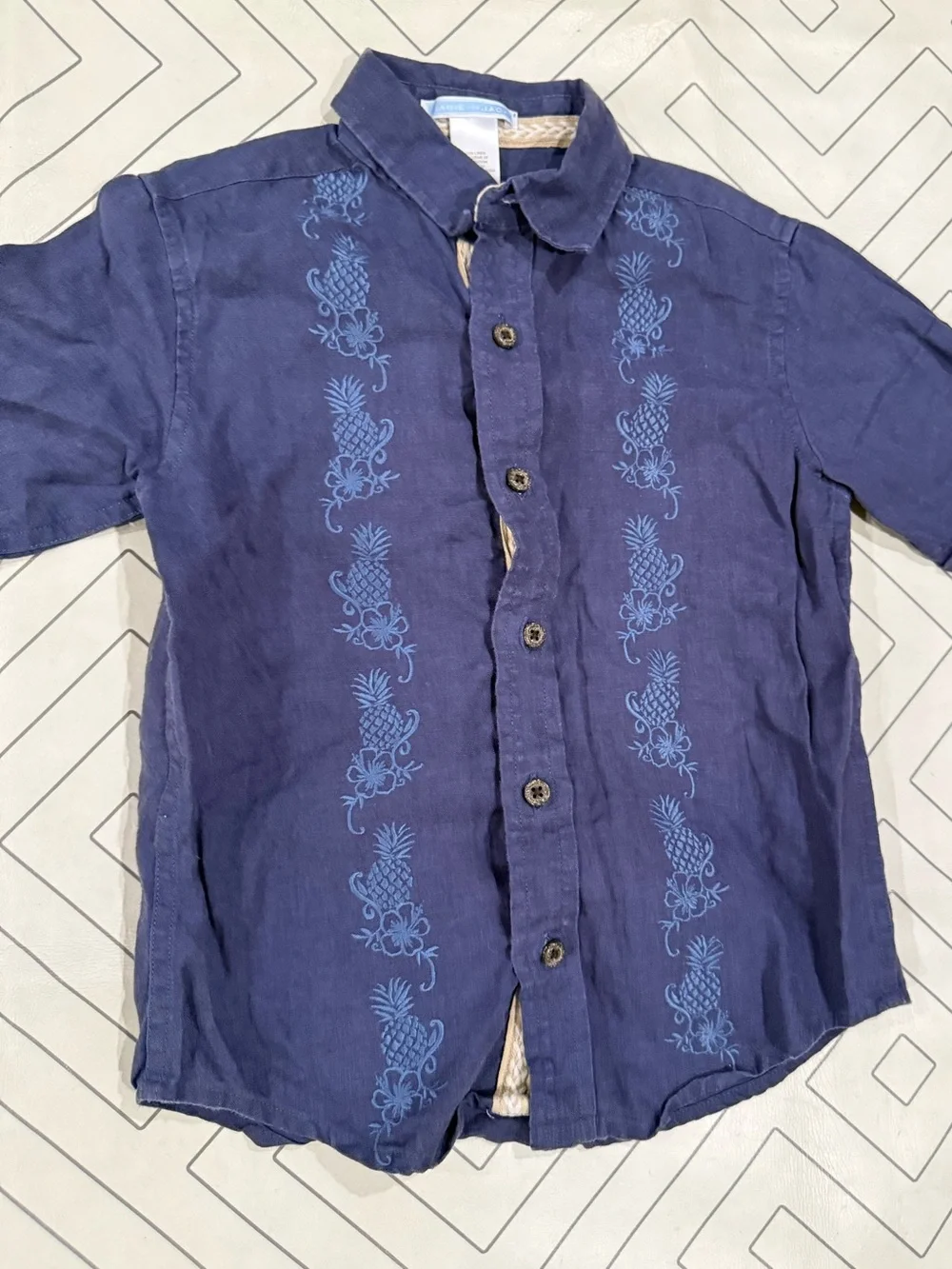 Janie and Jack Blue Short-Sleeve Button-Up Shirt with Hawaiian Embroidery
